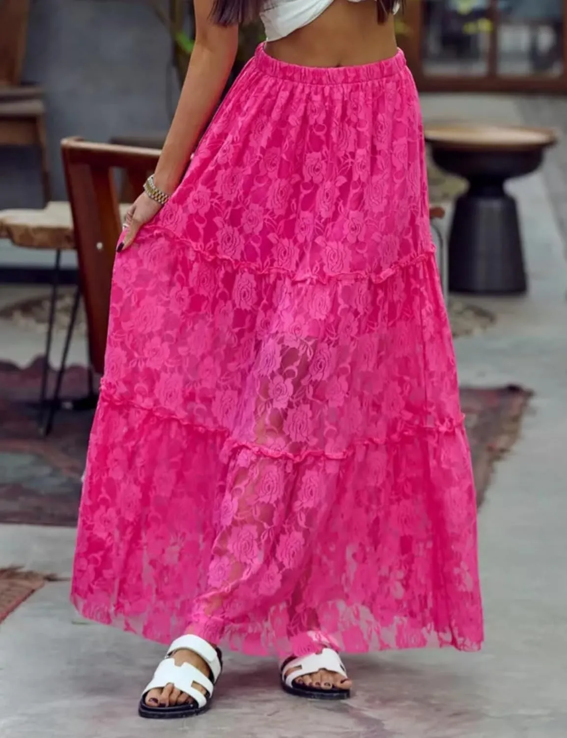 Perbai Women's Sexy Lace Sheer Long Skirt High Waisted Floral Hollow Out A Line Pleated Flowy Beach Maxi Skirts