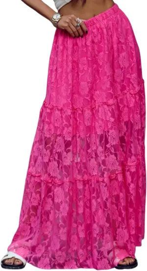 Perbai Women's Sexy Lace Sheer Long Skirt High Waisted Floral Hollow Out A Line Pleated Flowy Beach Maxi Skirts