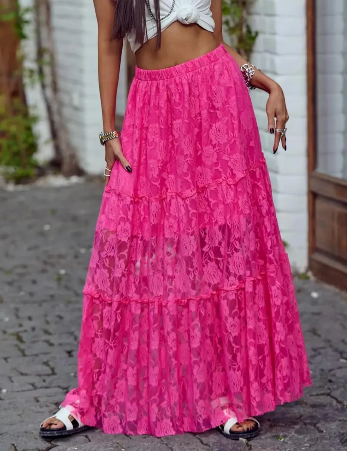 Perbai Women's Sexy Lace Sheer Long Skirt High Waisted Floral Hollow Out A Line Pleated Flowy Beach Maxi Skirts