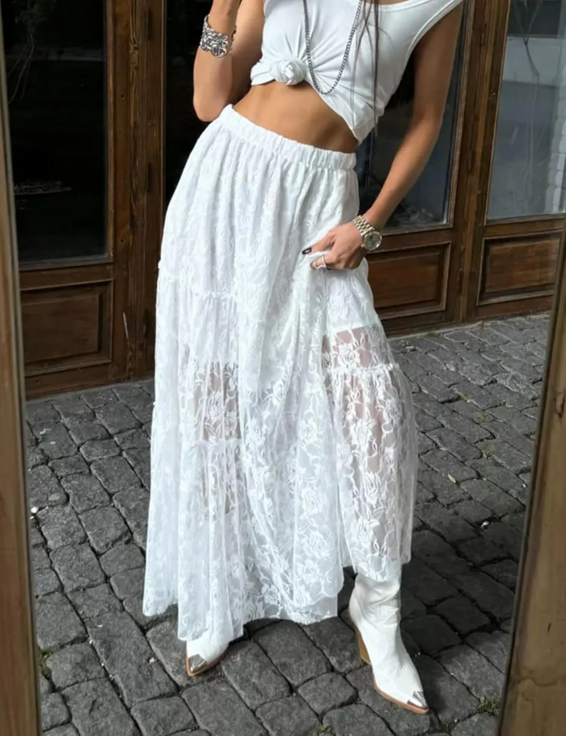 Perbai Women's Sexy Lace Sheer Long Skirt High Waisted Floral Hollow Out A Line Pleated Flowy Beach Maxi Skirts
