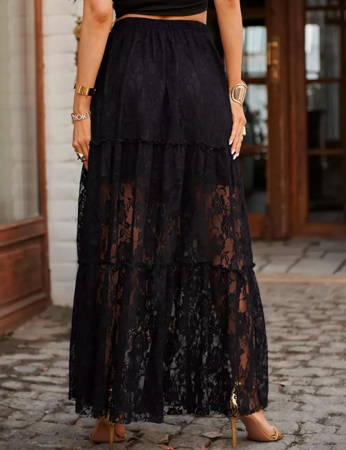 Perbai Women's Sexy Lace Sheer Long Skirt High Waisted Floral Hollow Out A Line Pleated Flowy Beach Maxi Skirts