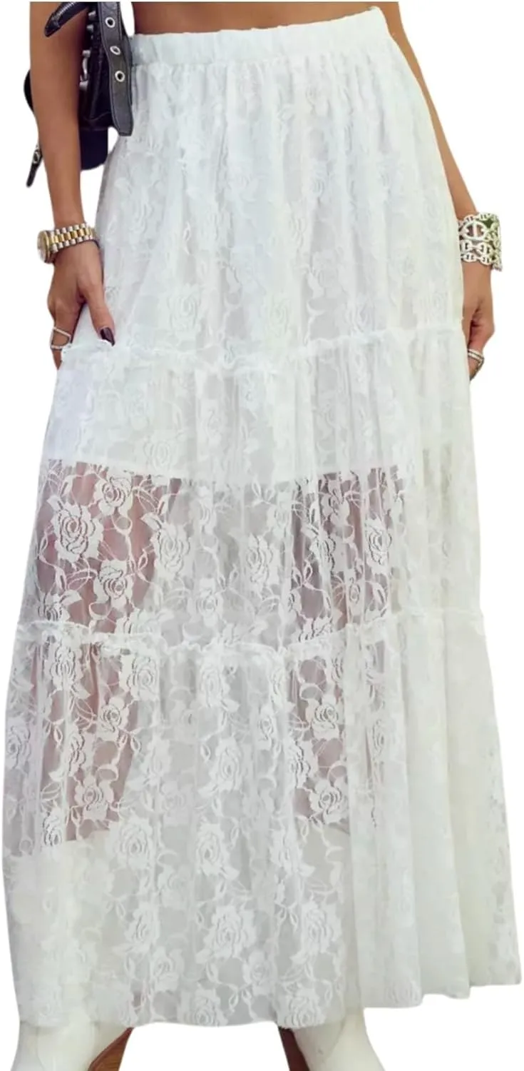 Perbai Women's Sexy Lace Sheer Long Skirt High Waisted Floral Hollow Out A Line Pleated Flowy Beach Maxi Skirts