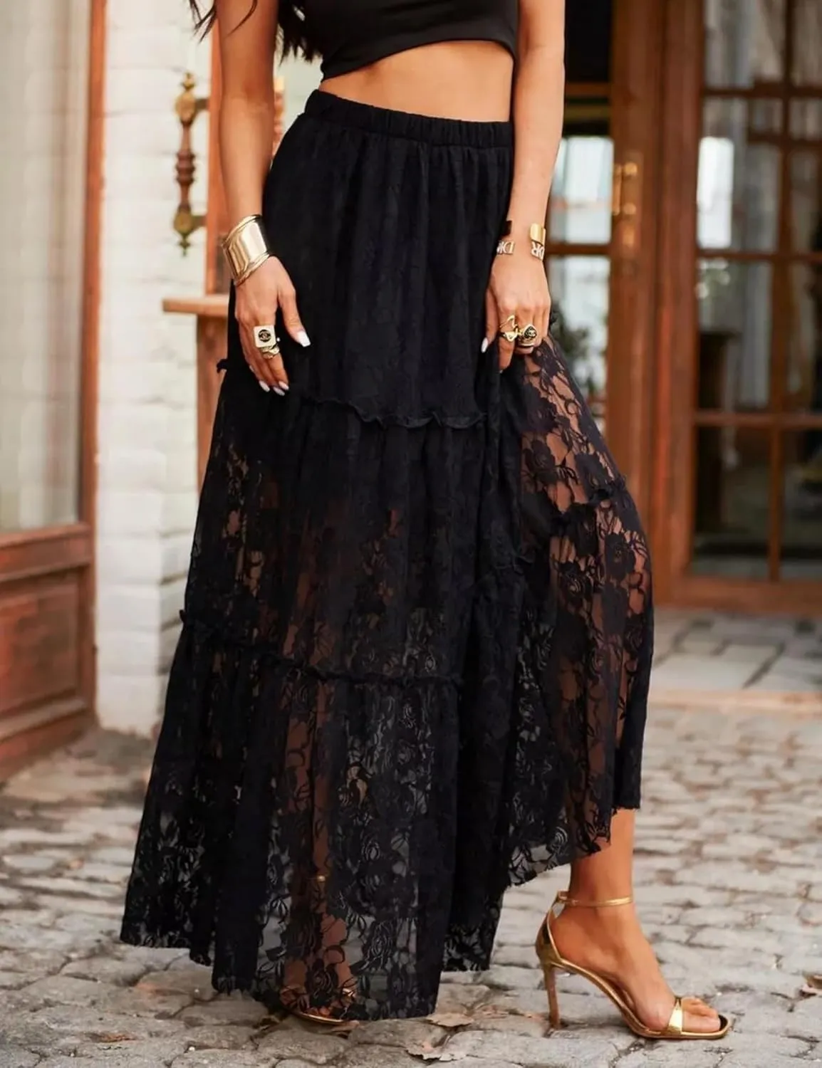 Perbai Women's Sexy Lace Sheer Long Skirt High Waisted Floral Hollow Out A Line Pleated Flowy Beach Maxi Skirts