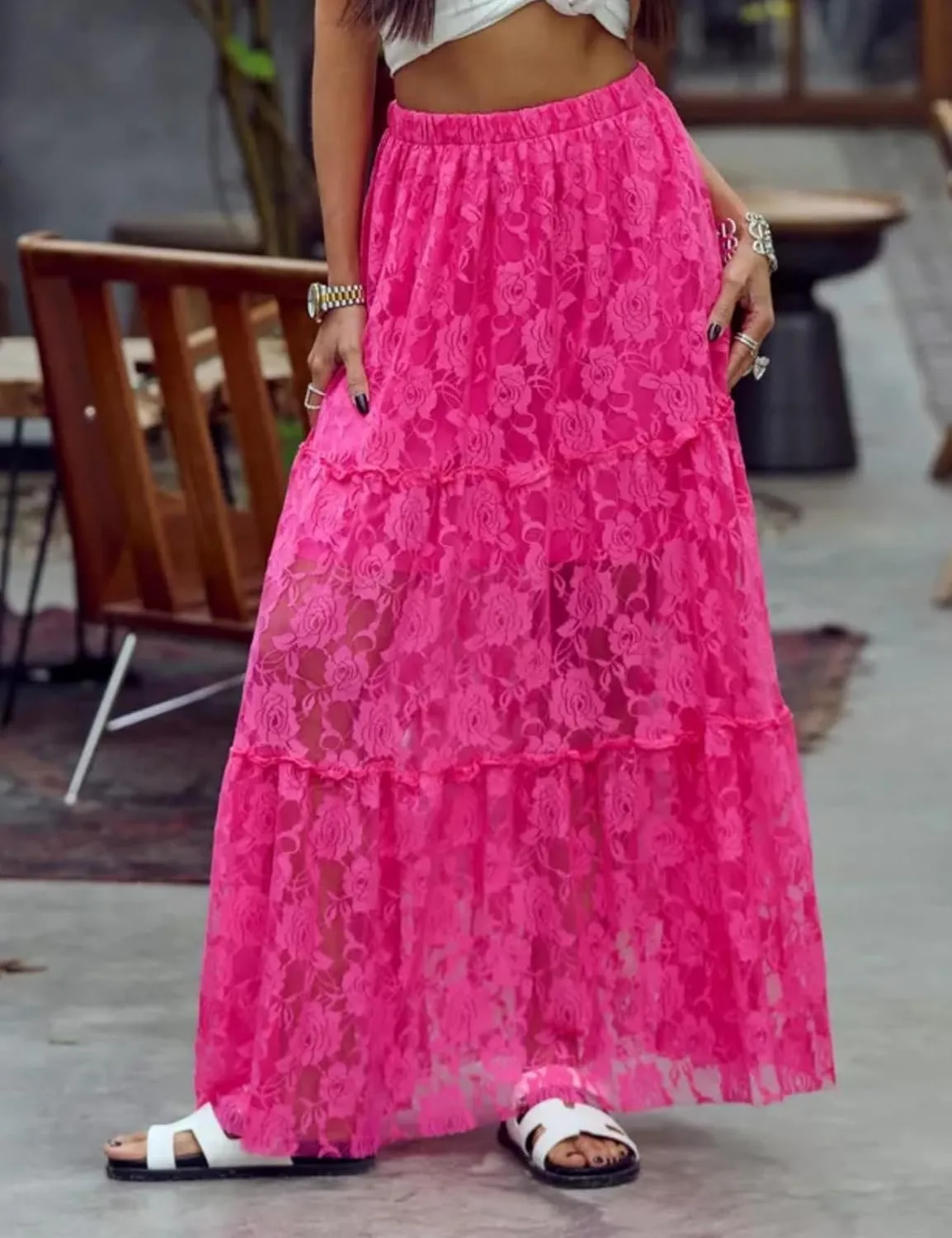 Perbai Women's Sexy Lace Sheer Long Skirt High Waisted Floral Hollow Out A Line Pleated Flowy Beach Maxi Skirts