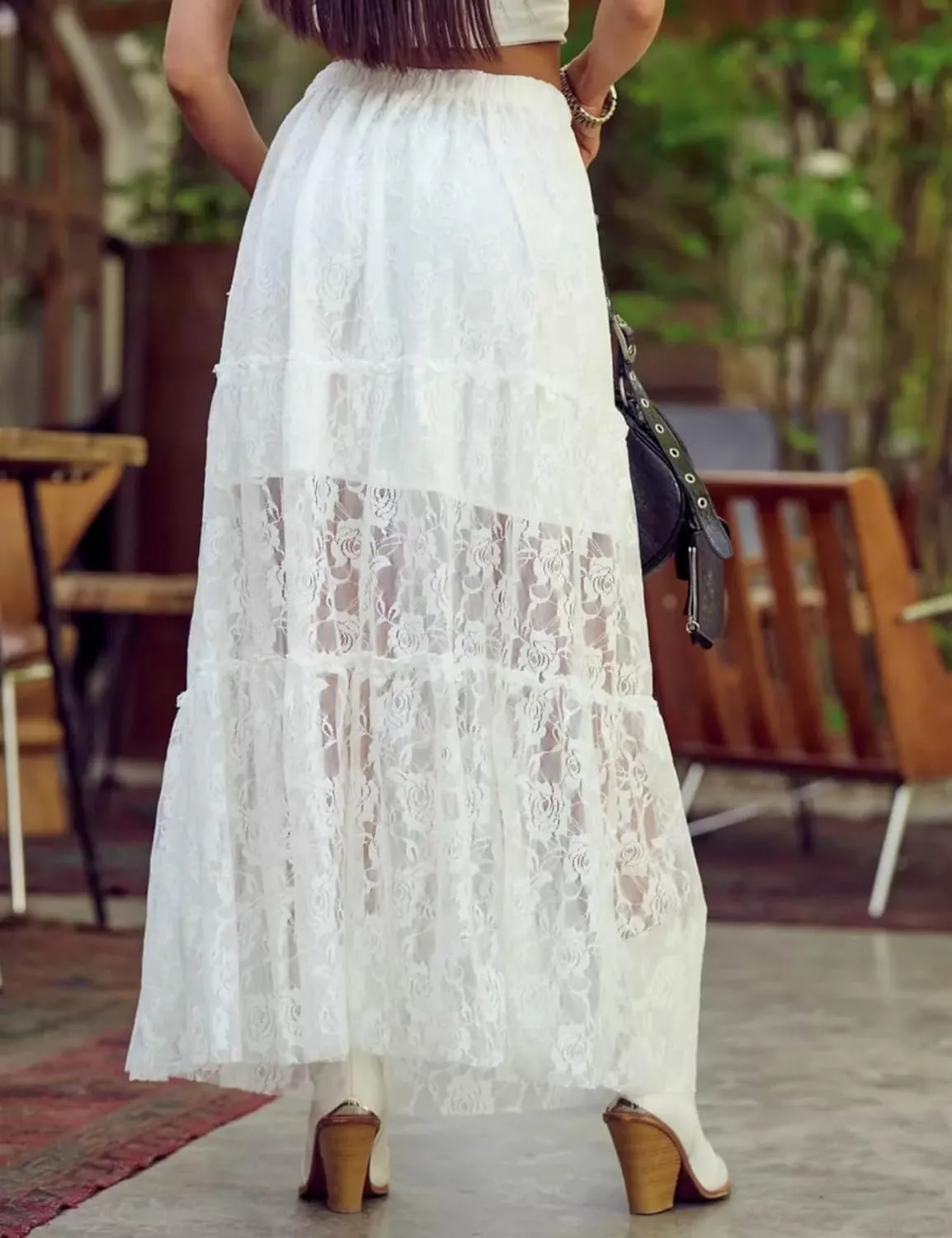 Perbai Women's Sexy Lace Sheer Long Skirt High Waisted Floral Hollow Out A Line Pleated Flowy Beach Maxi Skirts