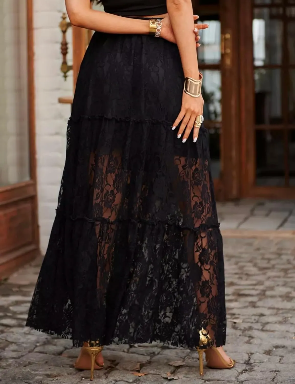 Perbai Women's Sexy Lace Sheer Long Skirt High Waisted Floral Hollow Out A Line Pleated Flowy Beach Maxi Skirts