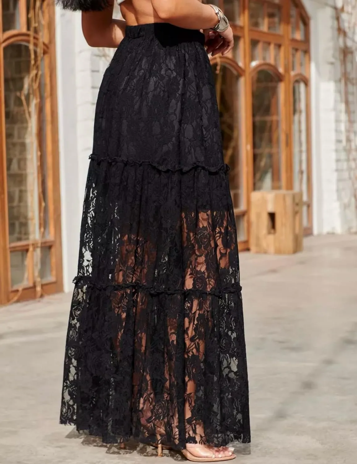 Perbai Women's Sexy Lace Sheer Long Skirt High Waisted Floral Hollow Out A Line Pleated Flowy Beach Maxi Skirts