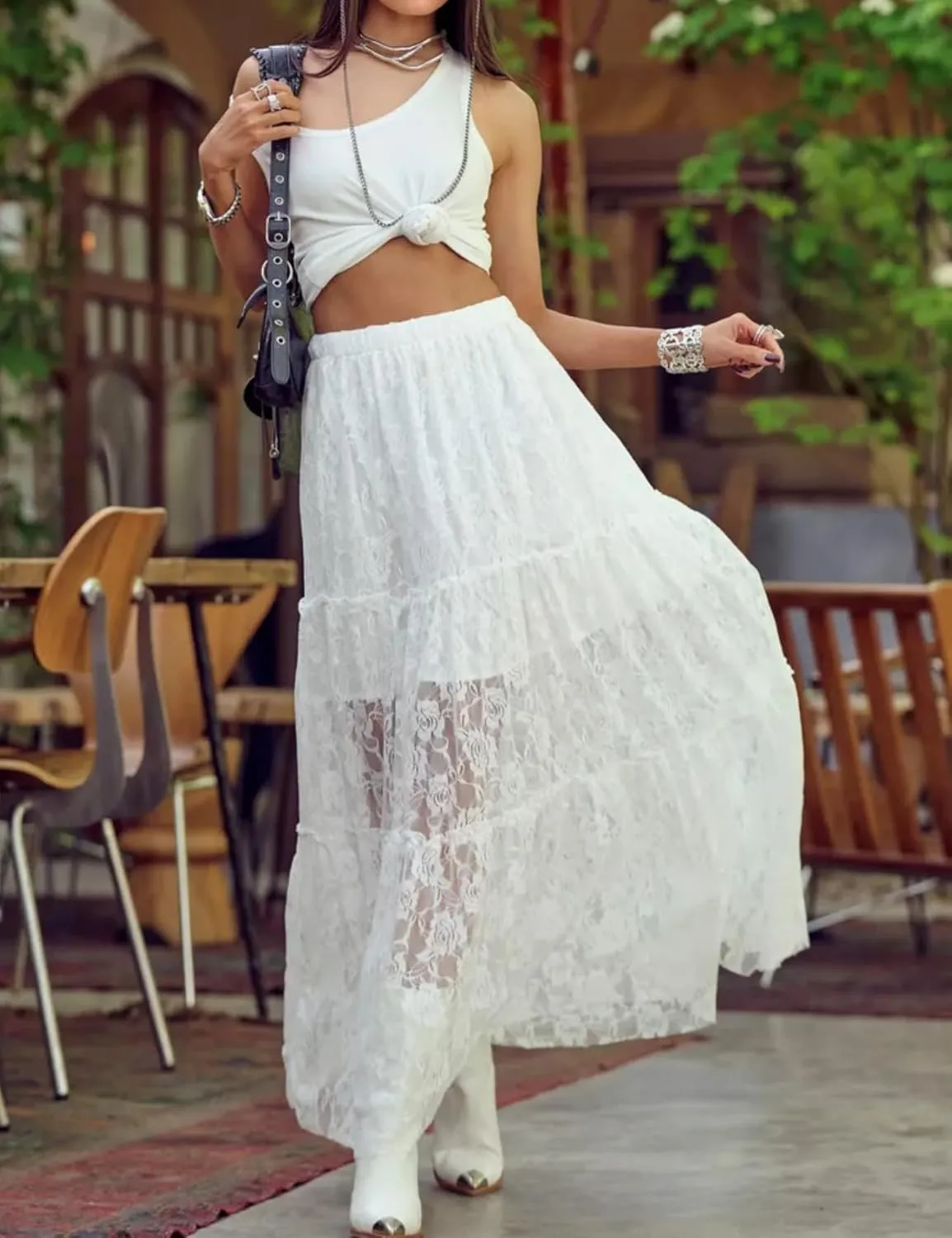 Perbai Women's Sexy Lace Sheer Long Skirt High Waisted Floral Hollow Out A Line Pleated Flowy Beach Maxi Skirts