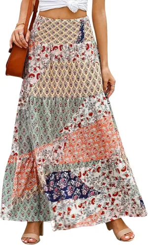 Perbai Womens Summer High Waisted Boho Floral Maxi Skirt Casual Flowy Swing A Line Pleated Long Skirts