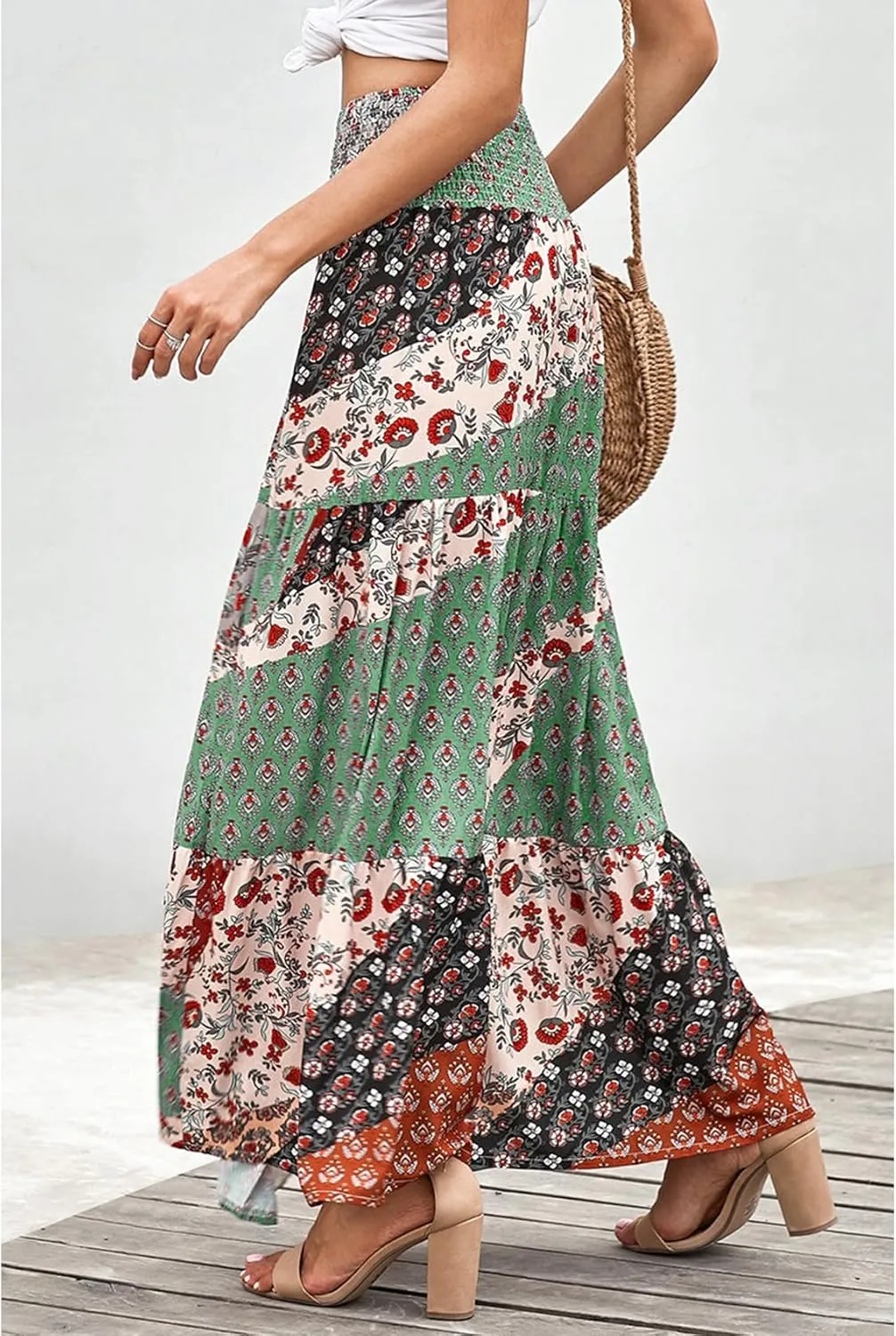 Perbai Womens Summer High Waisted Boho Floral Maxi Skirt Casual Flowy Swing A Line Pleated Long Skirts