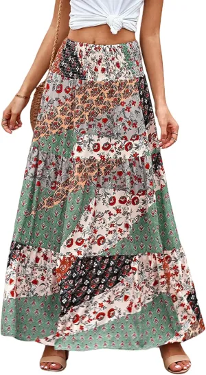Perbai Womens Summer High Waisted Boho Floral Maxi Skirt Casual Flowy Swing A Line Pleated Long Skirts