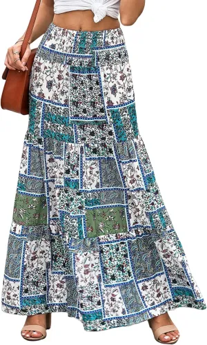 Perbai Womens Summer High Waisted Boho Floral Maxi Skirt Casual Flowy Swing A Line Pleated Long Skirts