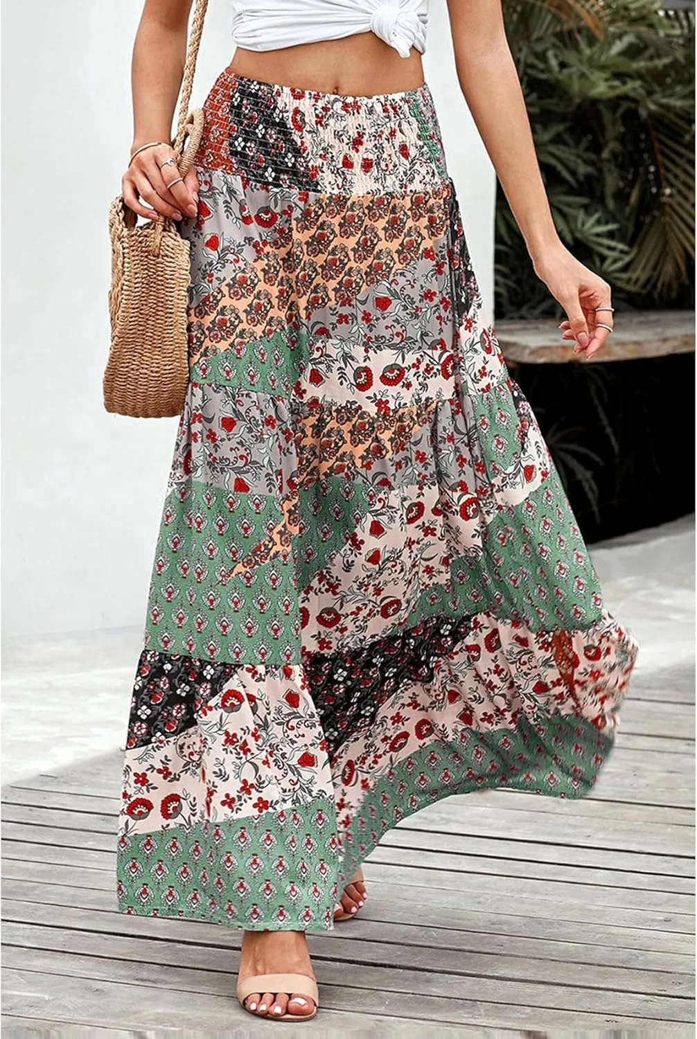 Perbai Womens Summer High Waisted Boho Floral Maxi Skirt Casual Flowy Swing A Line Pleated Long Skirts