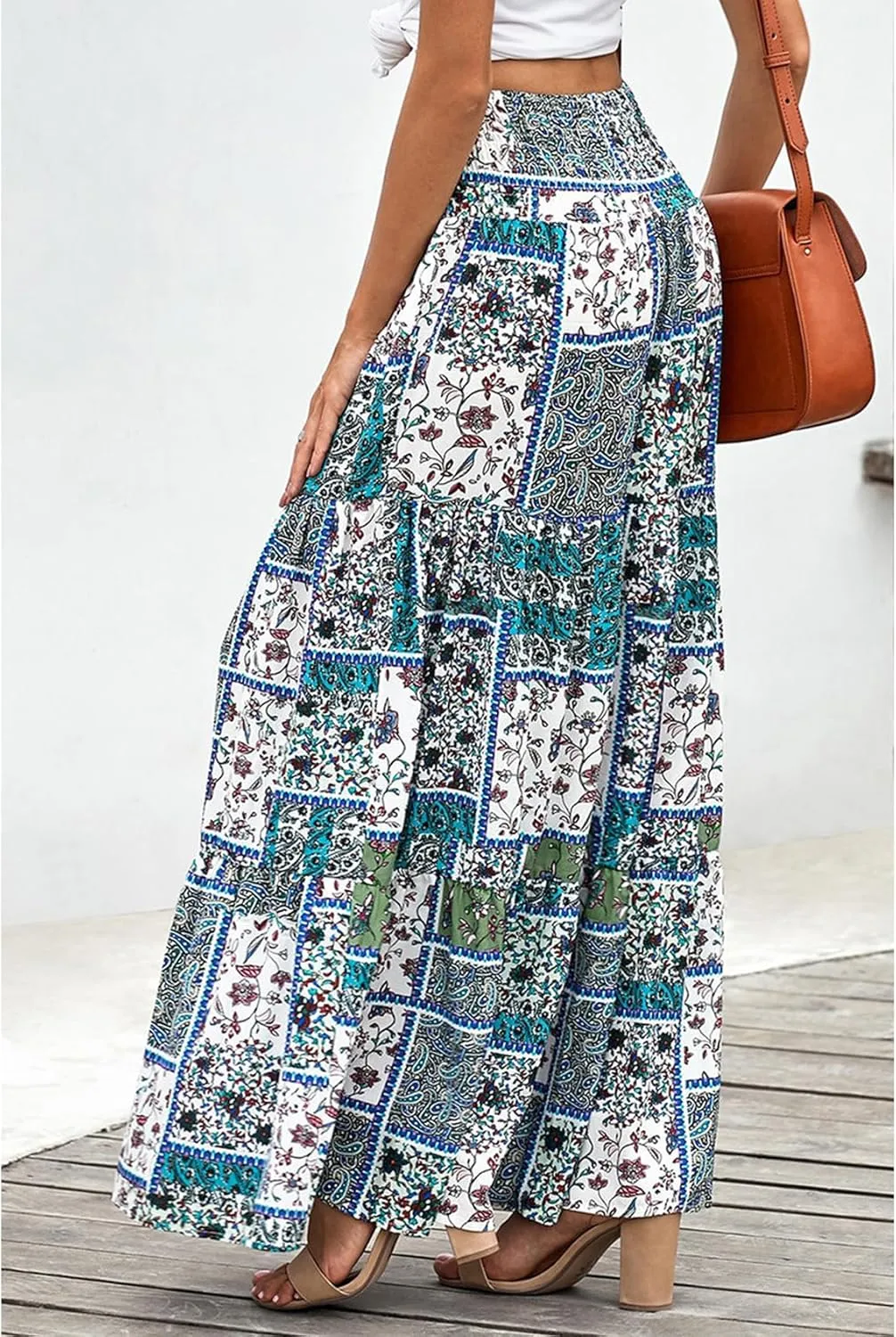 Perbai Womens Summer High Waisted Boho Floral Maxi Skirt Casual Flowy Swing A Line Pleated Long Skirts