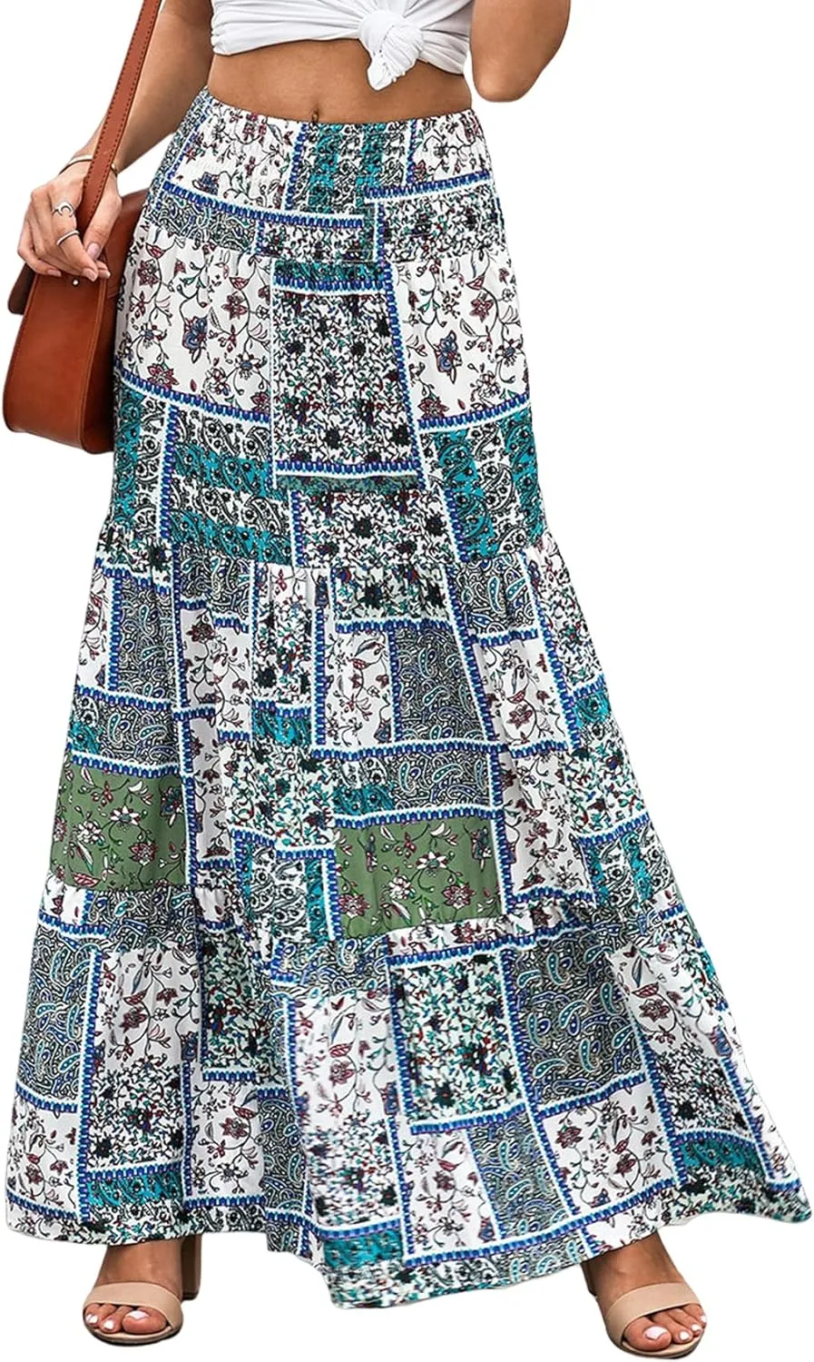 Perbai Womens Summer High Waisted Boho Floral Maxi Skirt Casual Flowy Swing A Line Pleated Long Skirts