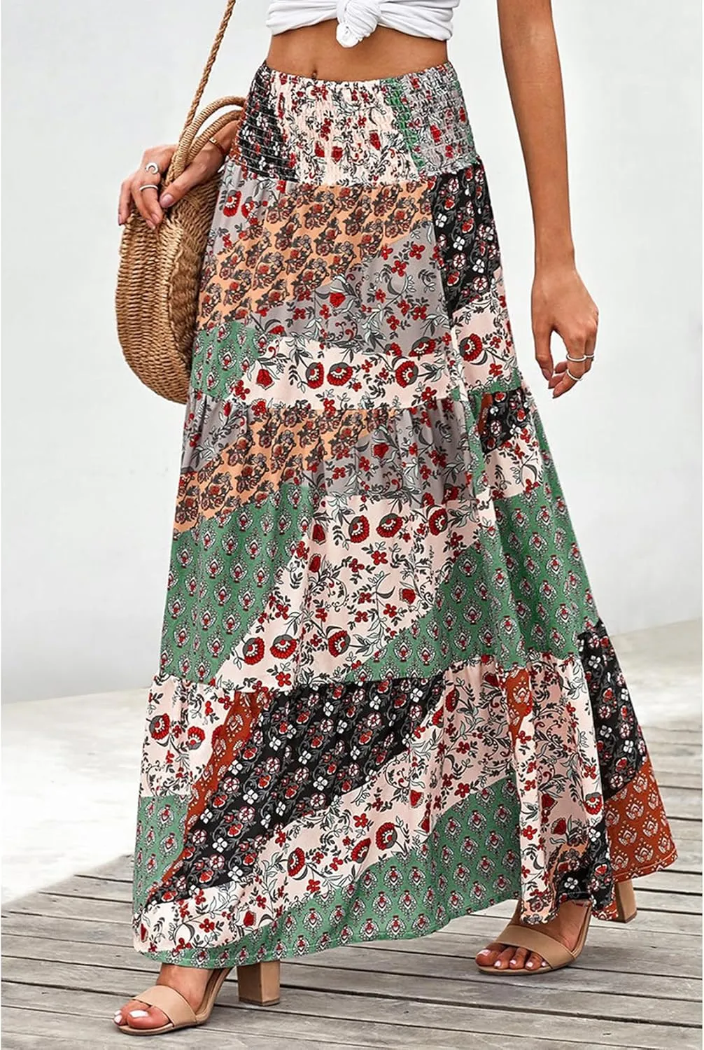 Perbai Womens Summer High Waisted Boho Floral Maxi Skirt Casual Flowy Swing A Line Pleated Long Skirts