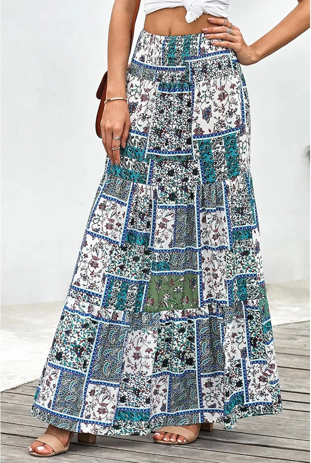 Perbai Womens Summer High Waisted Boho Floral Maxi Skirt Casual Flowy Swing A Line Pleated Long Skirts