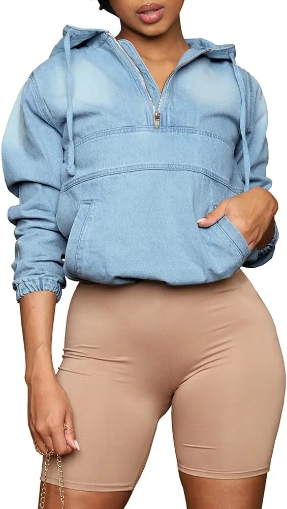 PINSV Women's Half Zip Sweatshirt Denim Hoodie Pullover Jacket Jean Tops