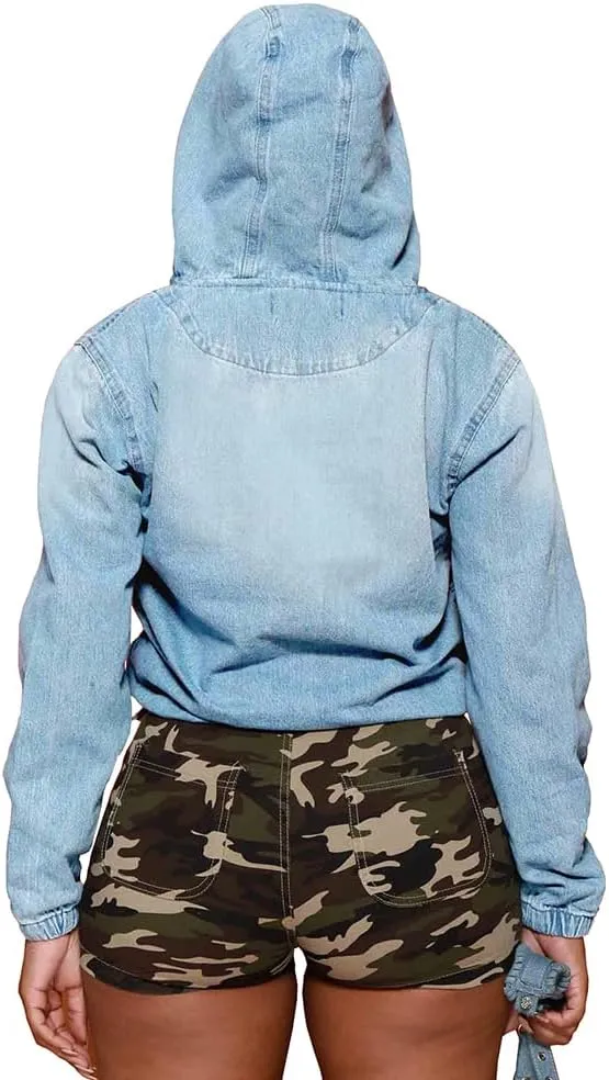 PINSV Women's Half Zip Sweatshirt Denim Hoodie Pullover Jacket Jean Tops