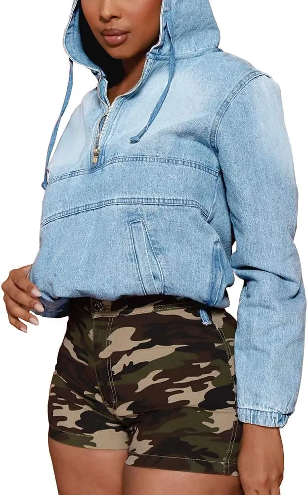 PINSV Women's Half Zip Sweatshirt Denim Hoodie Pullover Jacket Jean Tops
