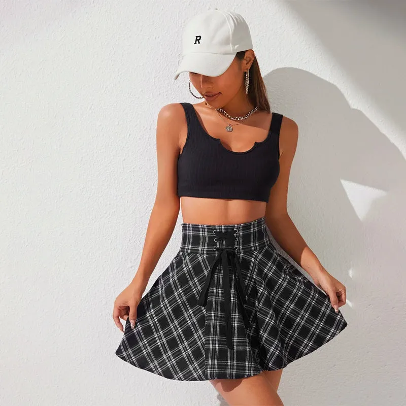 Plaid Lace Up Waist Skirt