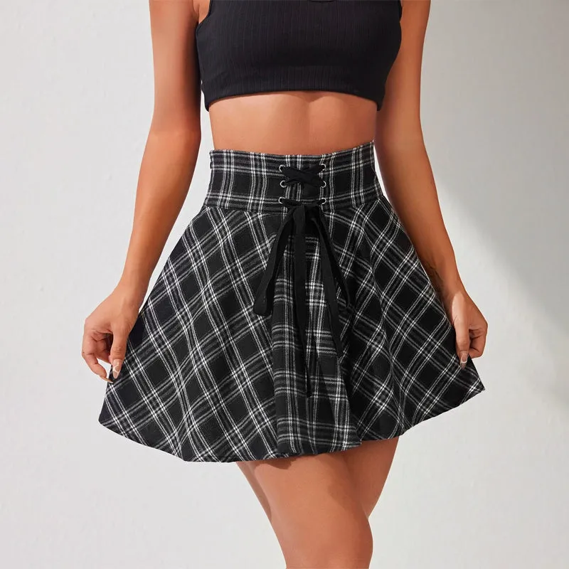 Plaid Lace Up Waist Skirt
