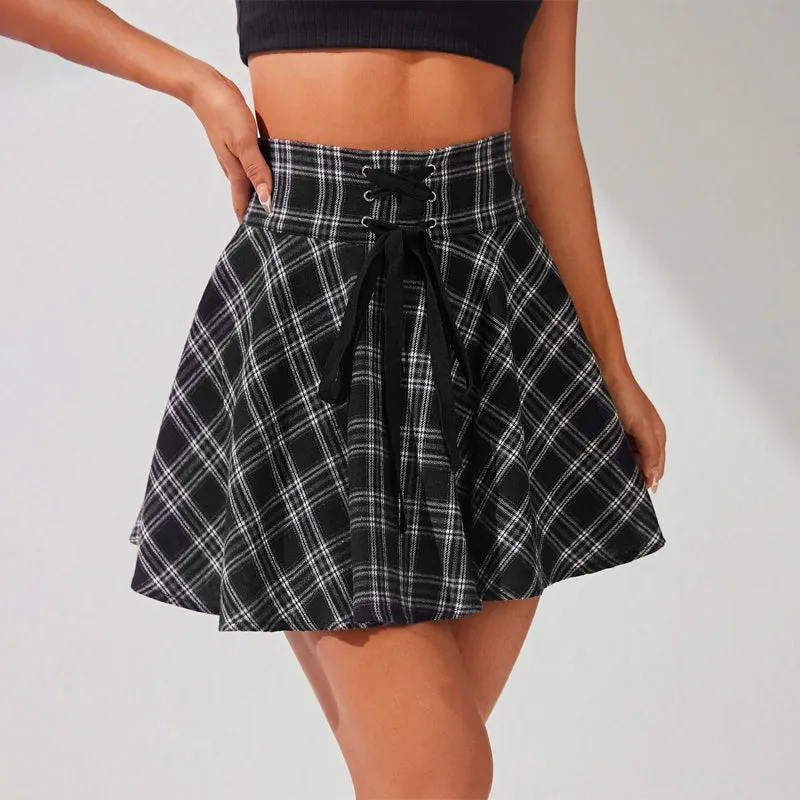 Plaid Lace Up Waist Skirt
