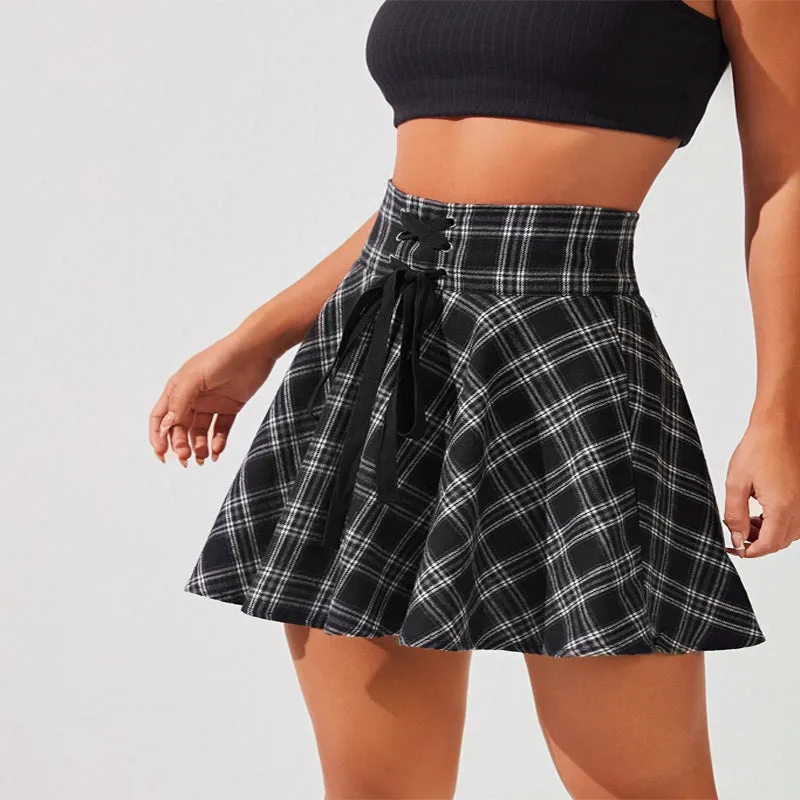 Plaid Lace Up Waist Skirt