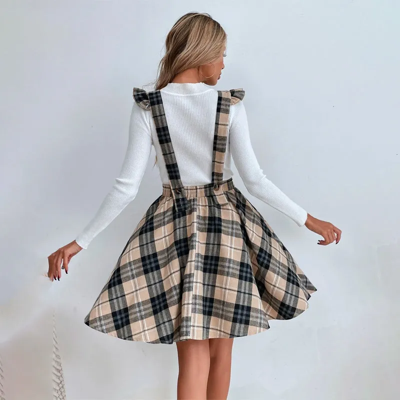 Plaid Print Ruffle Detail Pinafore Skirt