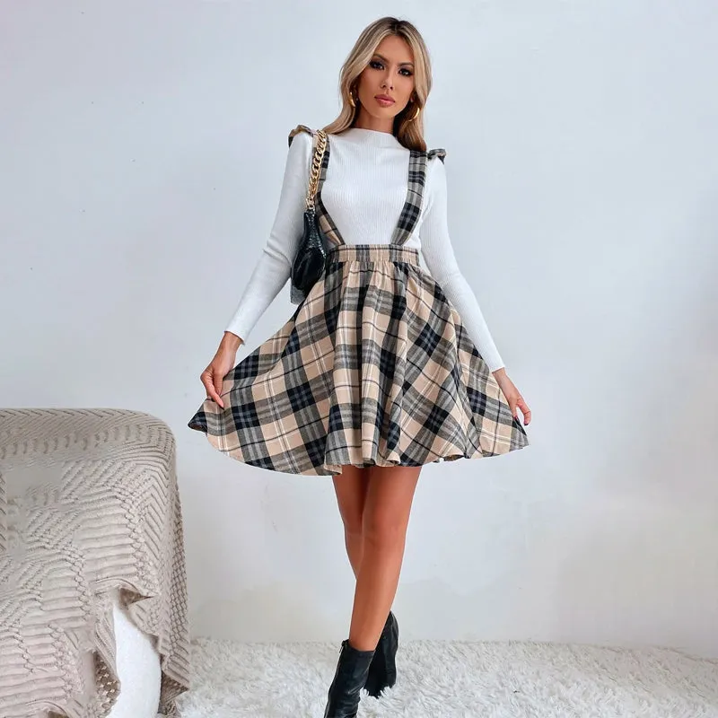 Plaid Print Ruffle Detail Pinafore Skirt