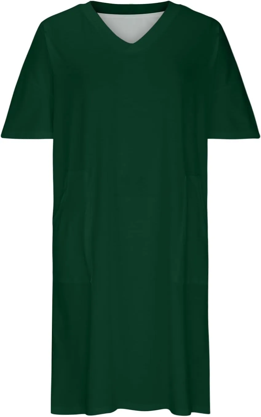 Plus Size Dresses for Curvy Womens 2024 Trendy Summer Casual V Neck Short Sleeve Daily Tshirt Midi Dress with Pocket