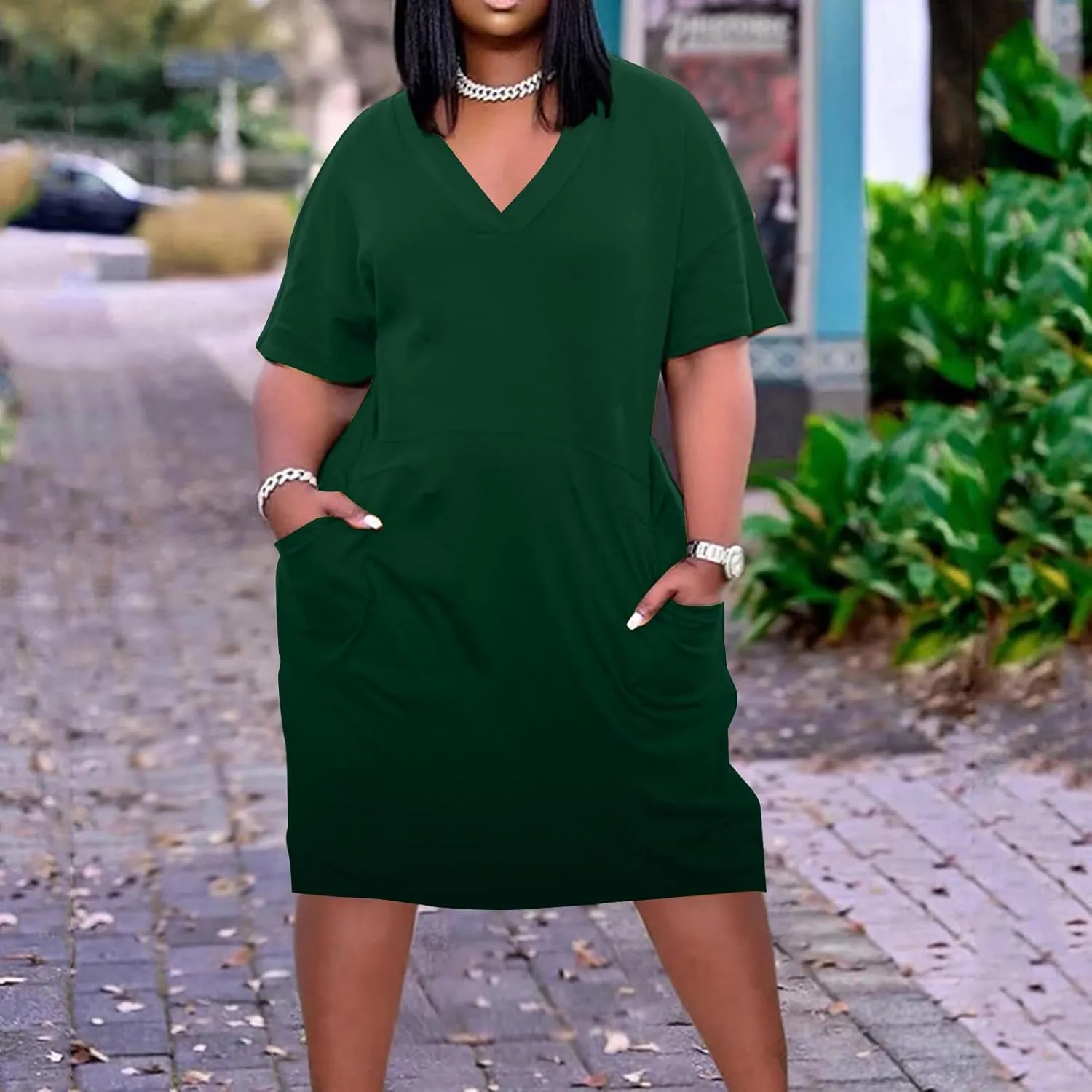 Plus Size Dresses for Curvy Womens 2024 Trendy Summer Casual V Neck Short Sleeve Daily Tshirt Midi Dress with Pocket