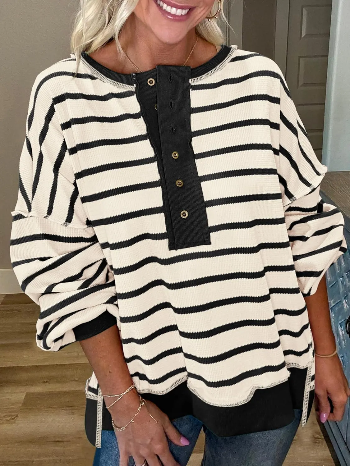 PRETTYGARDEN Womens Fall 2025 Striped Oversized Sweatshirt Long Sleeve Button Up Henley Neck Waffle Knit Pullover Tunic Tops