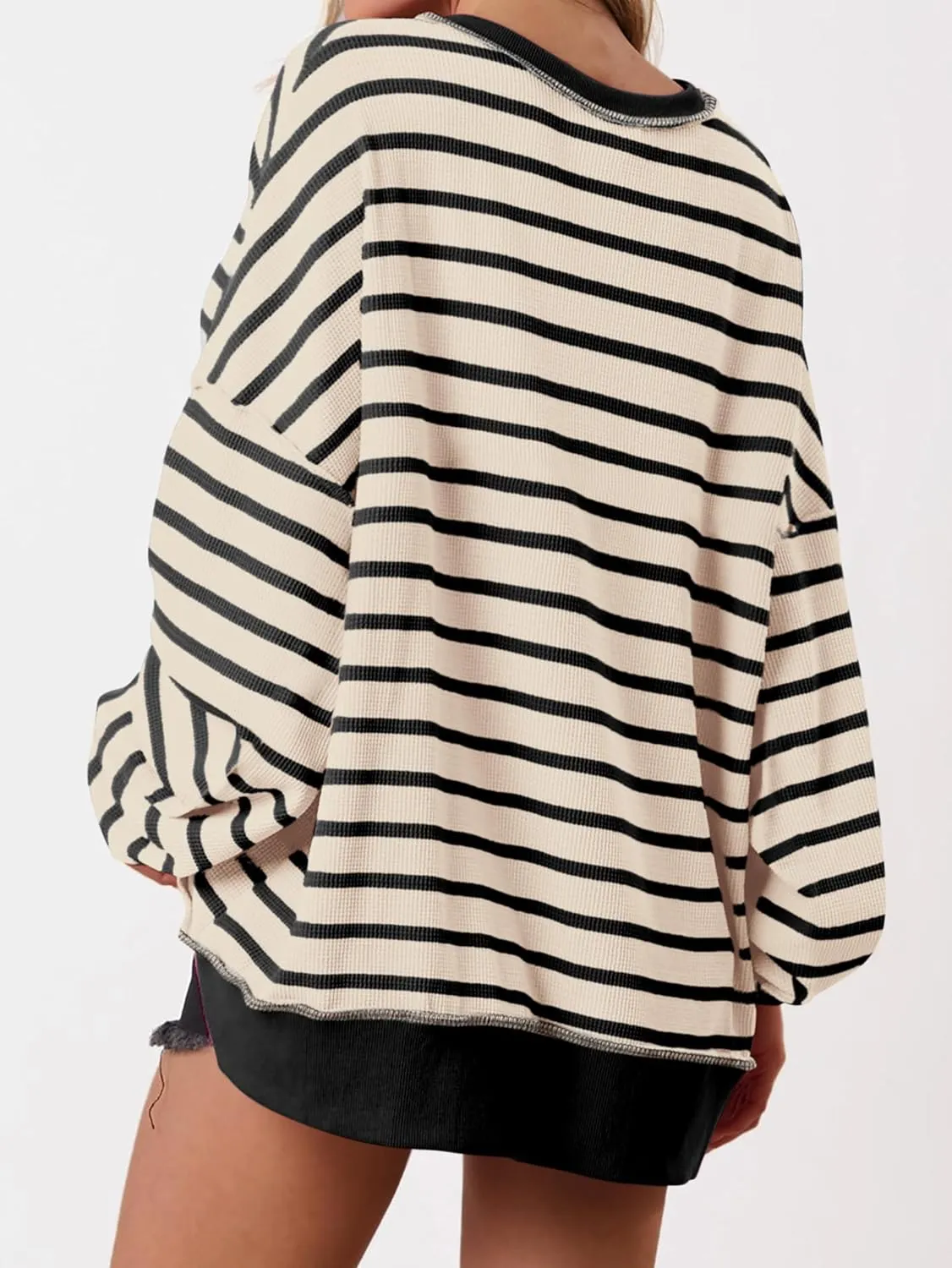 PRETTYGARDEN Womens Fall 2025 Striped Oversized Sweatshirt Long Sleeve Button Up Henley Neck Waffle Knit Pullover Tunic Tops