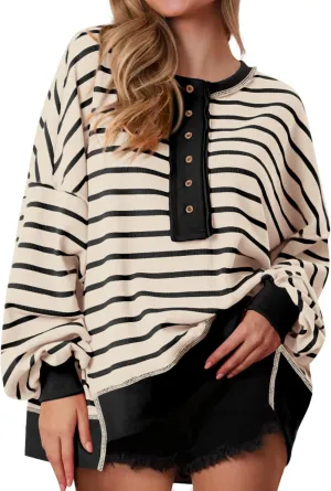 PRETTYGARDEN Womens Fall 2025 Striped Oversized Sweatshirt Long Sleeve Button Up Henley Neck Waffle Knit Pullover Tunic Tops