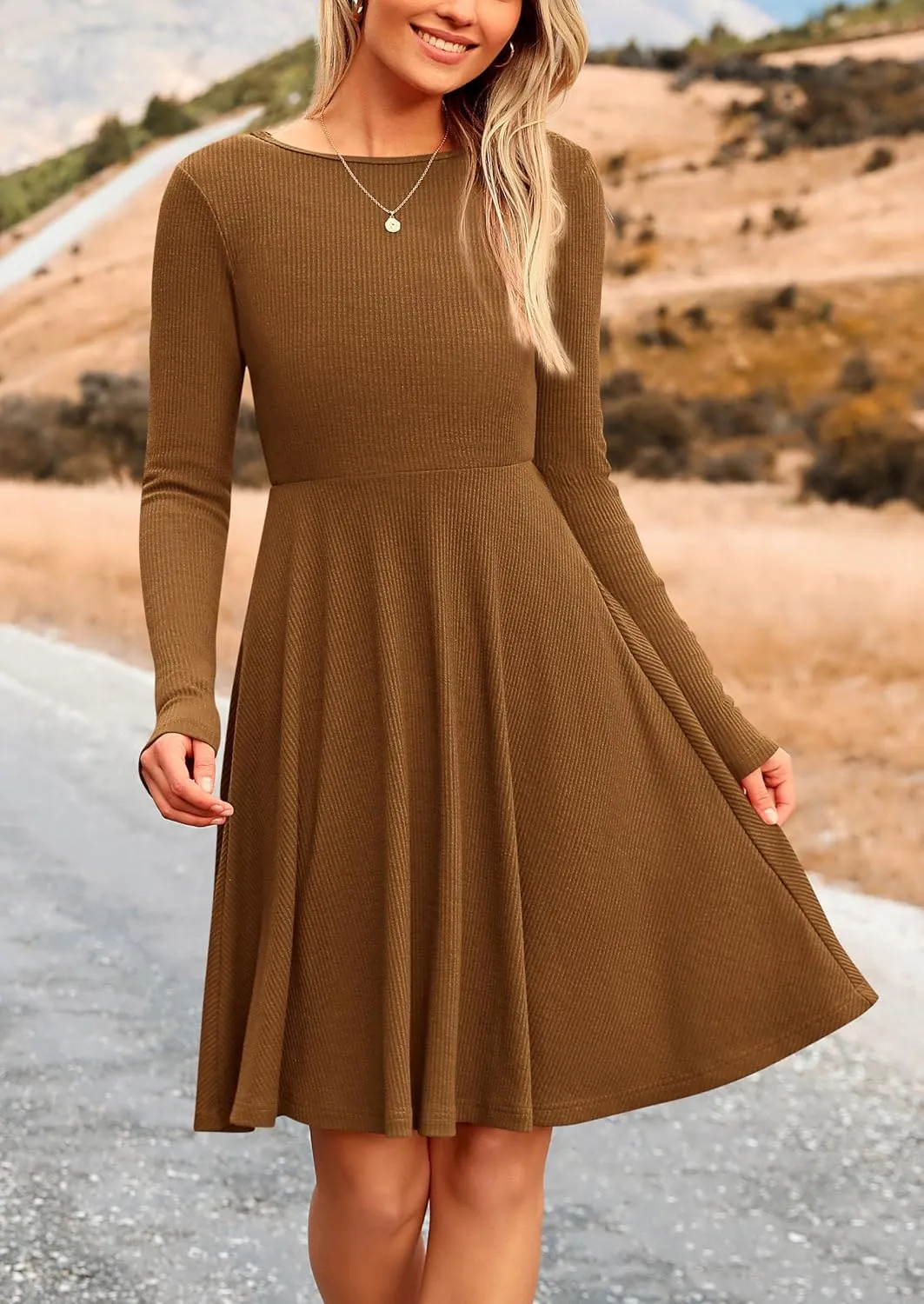 PRETTYGARDEN Women's Spring Fall Short Dress Ribbed Knit Crewneck Long Sleeve A Line Flowy Casual Elegant Going Out Dresses