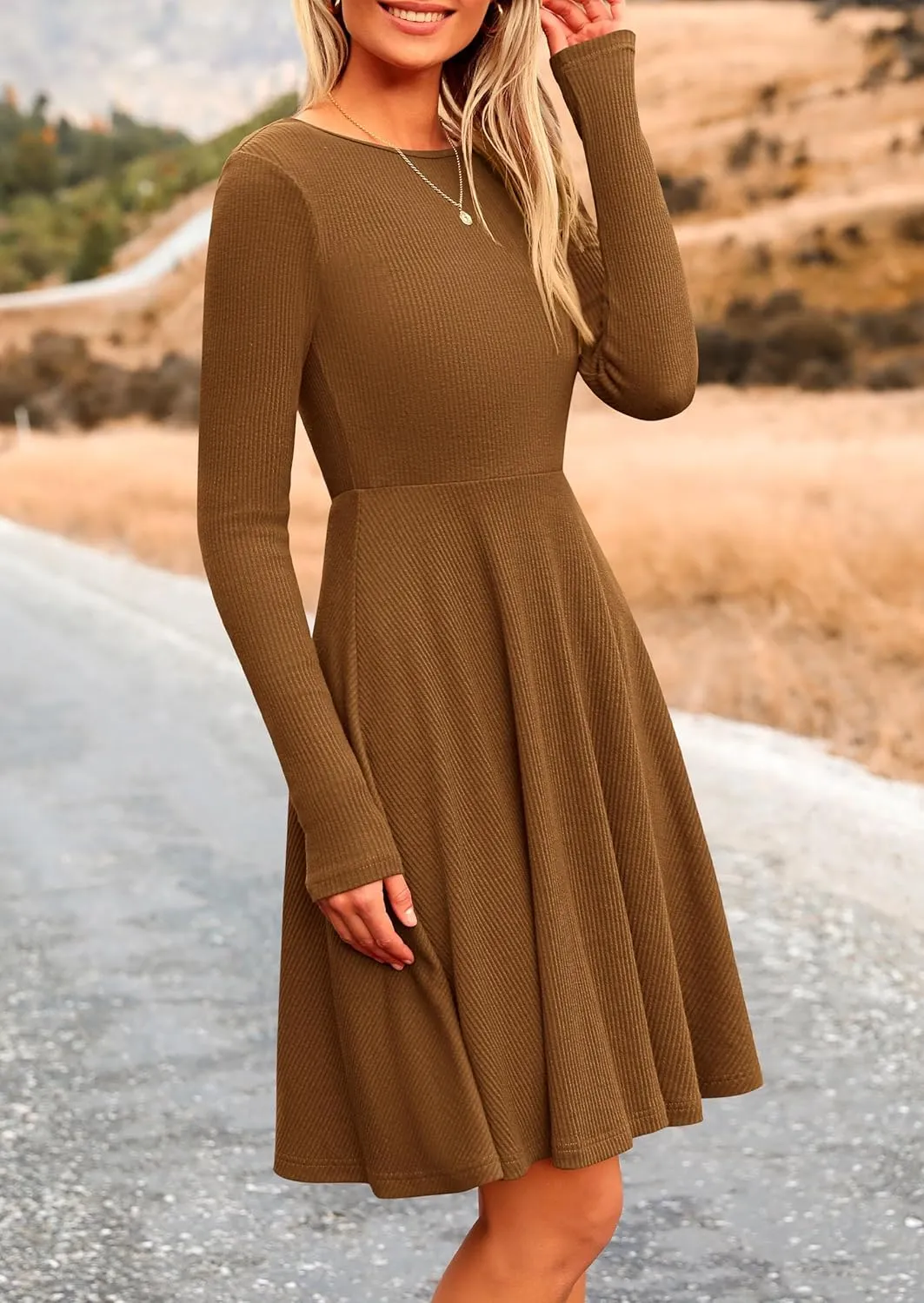 PRETTYGARDEN Women's Spring Fall Short Dress Ribbed Knit Crewneck Long Sleeve A Line Flowy Casual Elegant Going Out Dresses