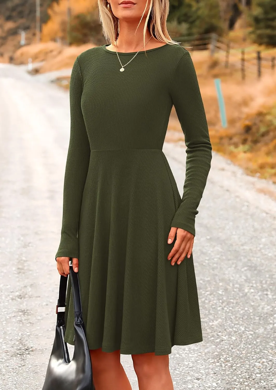 PRETTYGARDEN Women's Spring Fall Short Dress Ribbed Knit Crewneck Long Sleeve A Line Flowy Casual Elegant Going Out Dresses