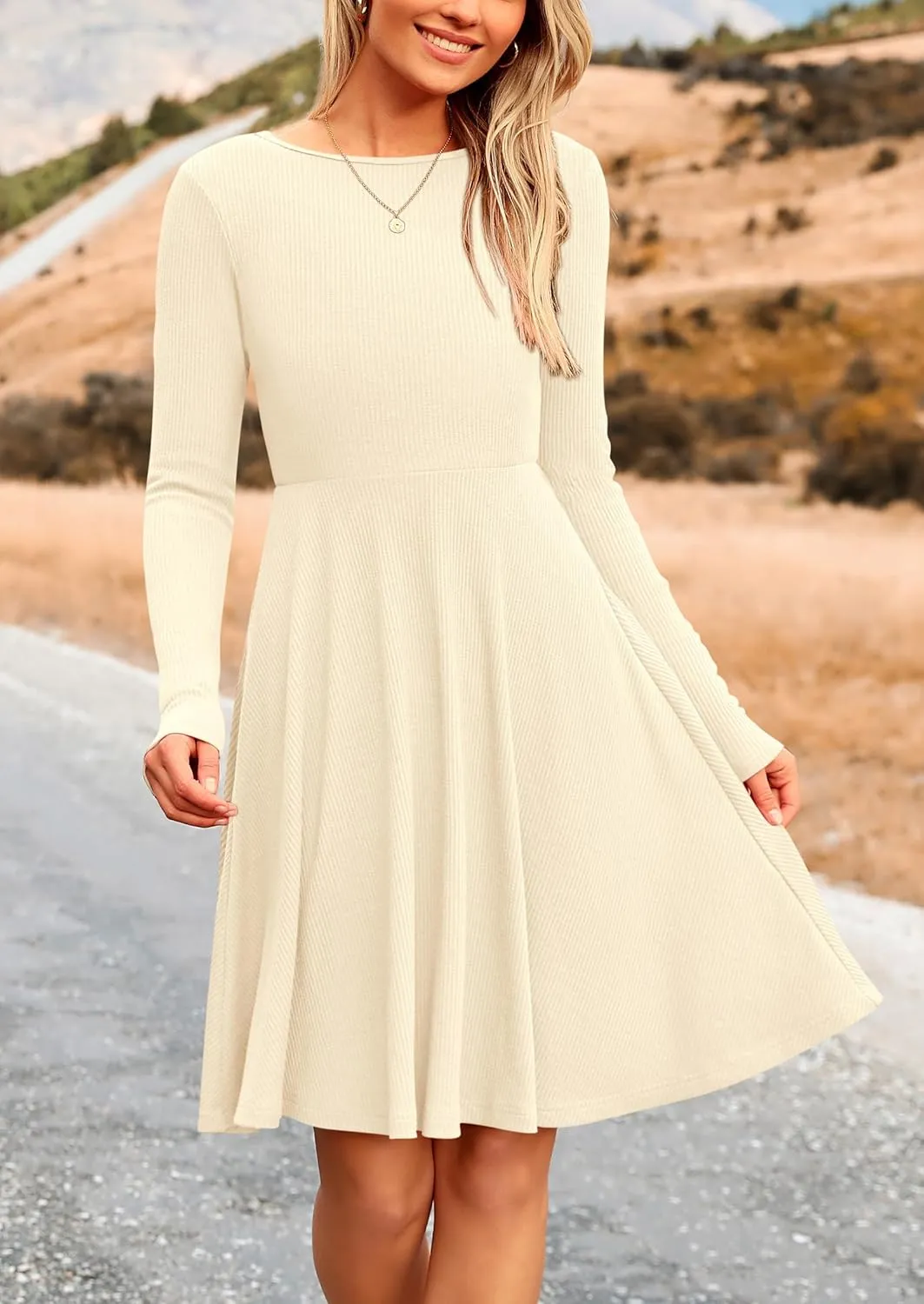 PRETTYGARDEN Women's Spring Fall Short Dress Ribbed Knit Crewneck Long Sleeve A Line Flowy Casual Elegant Going Out Dresses