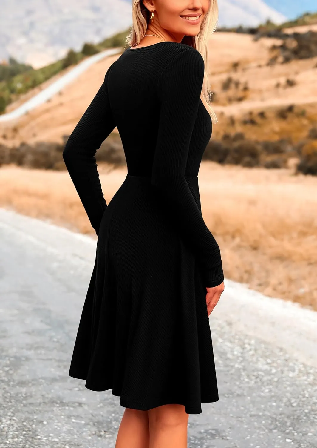 PRETTYGARDEN Women's Spring Fall Short Dress Ribbed Knit Crewneck Long Sleeve A Line Flowy Casual Elegant Going Out Dresses