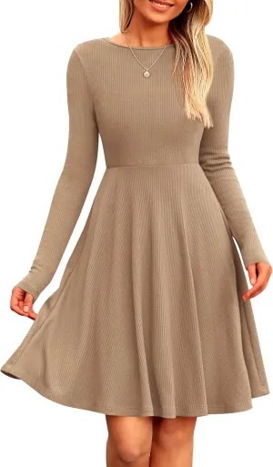 PRETTYGARDEN Women's Spring Fall Short Dress Ribbed Knit Crewneck Long Sleeve A Line Flowy Casual Elegant Going Out Dresses