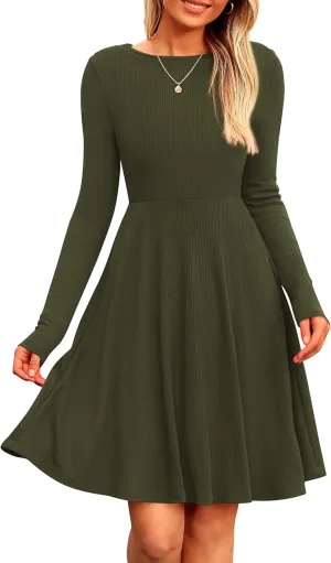 PRETTYGARDEN Women's Spring Fall Short Dress Ribbed Knit Crewneck Long Sleeve A Line Flowy Casual Elegant Going Out Dresses