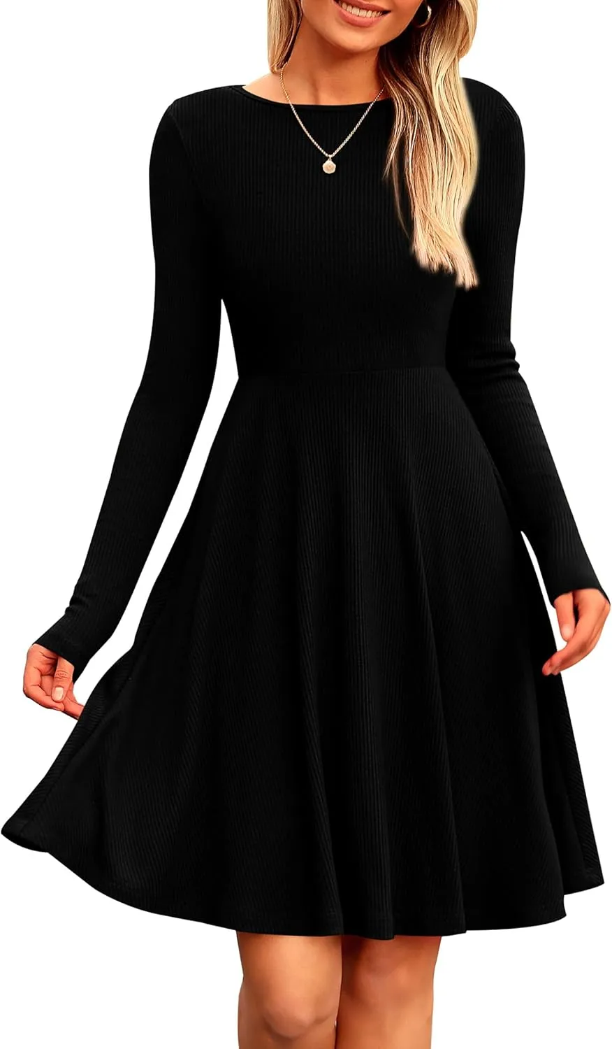 PRETTYGARDEN Women's Spring Fall Short Dress Ribbed Knit Crewneck Long Sleeve A Line Flowy Casual Elegant Going Out Dresses