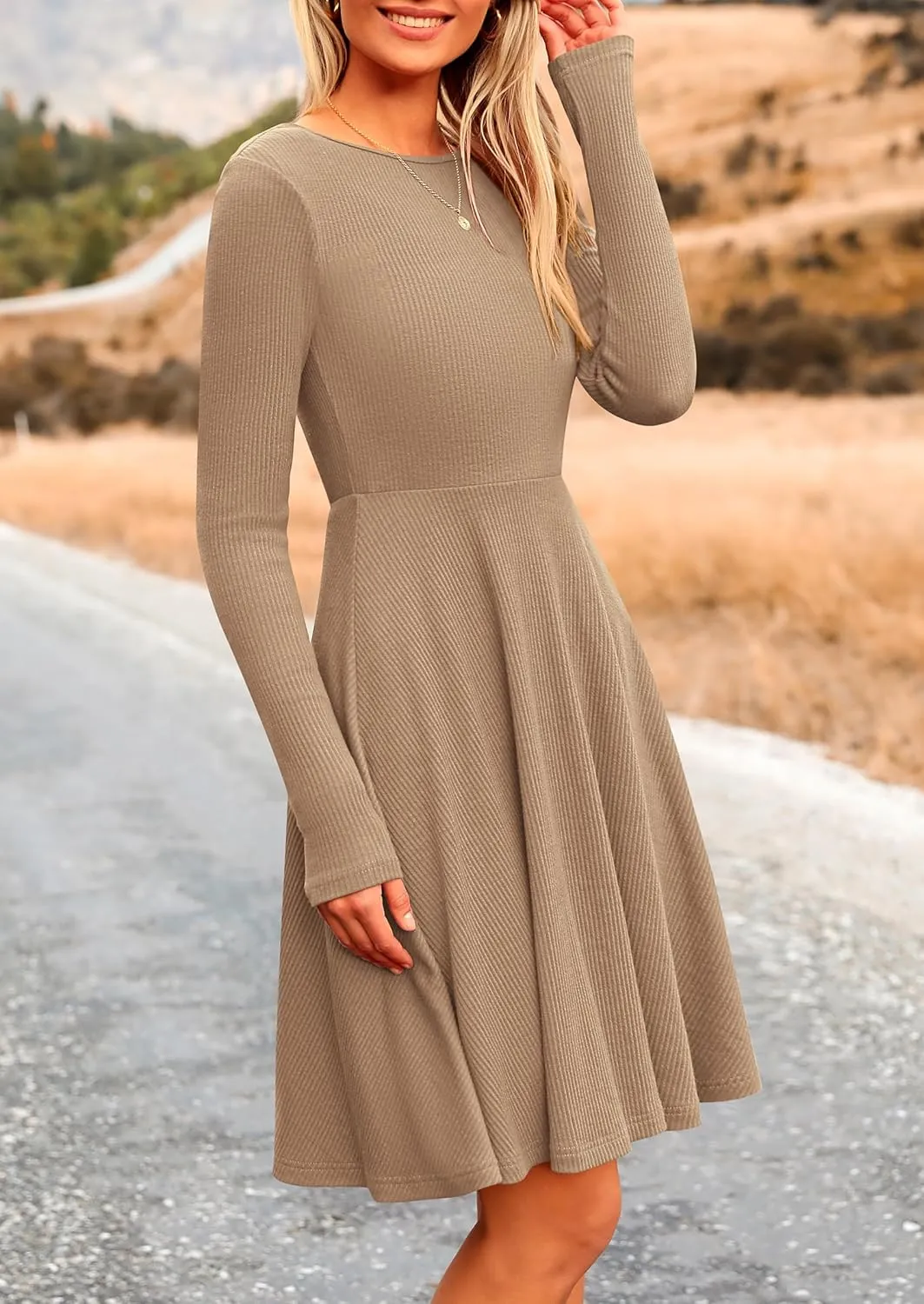 PRETTYGARDEN Women's Spring Fall Short Dress Ribbed Knit Crewneck Long Sleeve A Line Flowy Casual Elegant Going Out Dresses