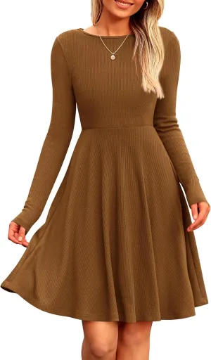 PRETTYGARDEN Women's Spring Fall Short Dress Ribbed Knit Crewneck Long Sleeve A Line Flowy Casual Elegant Going Out Dresses