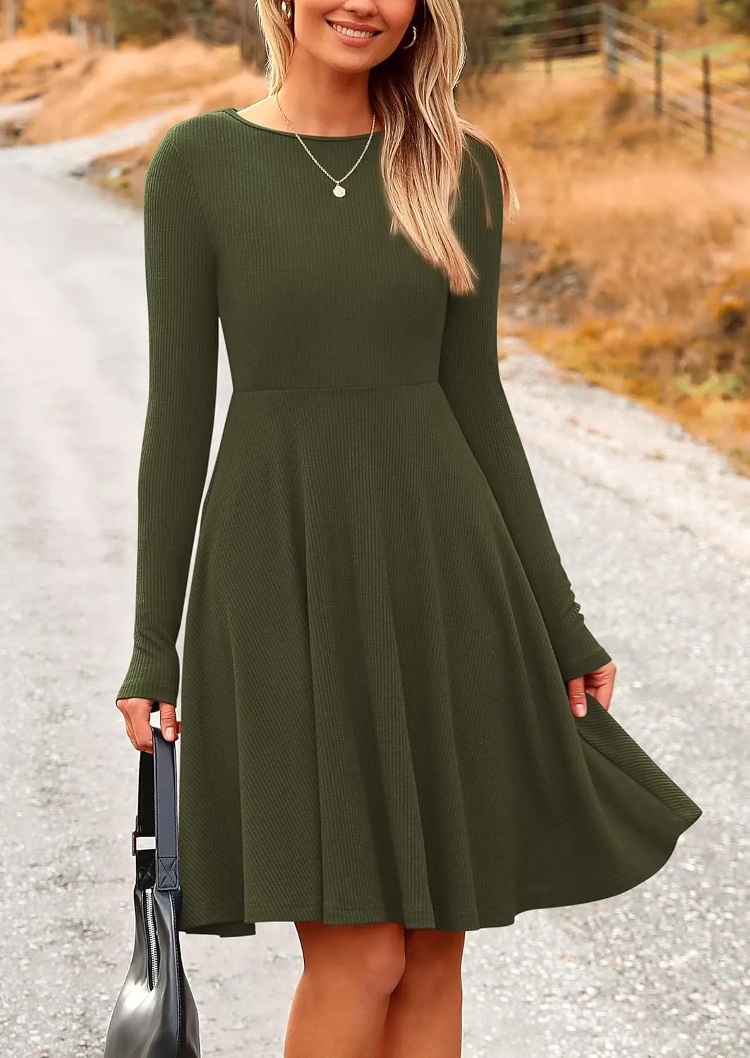 PRETTYGARDEN Women's Spring Fall Short Dress Ribbed Knit Crewneck Long Sleeve A Line Flowy Casual Elegant Going Out Dresses