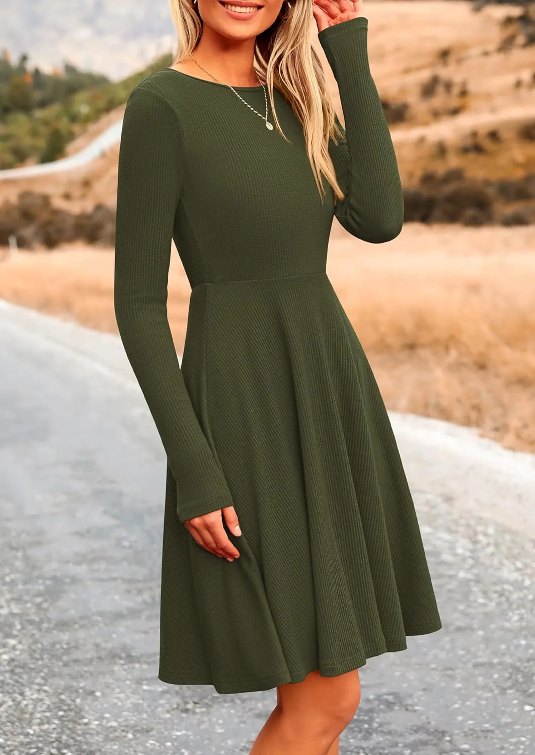 PRETTYGARDEN Women's Spring Fall Short Dress Ribbed Knit Crewneck Long Sleeve A Line Flowy Casual Elegant Going Out Dresses