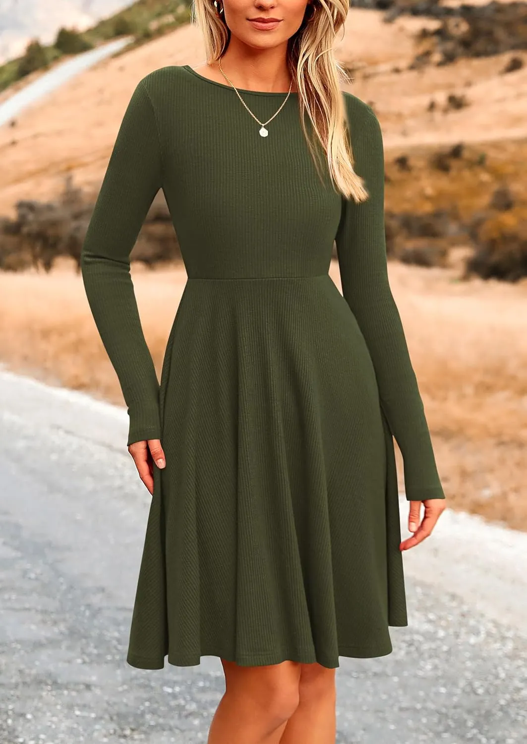 PRETTYGARDEN Women's Spring Fall Short Dress Ribbed Knit Crewneck Long Sleeve A Line Flowy Casual Elegant Going Out Dresses