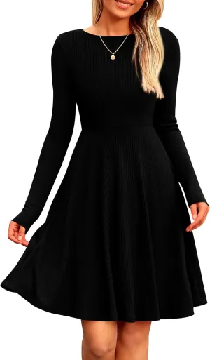 PRETTYGARDEN Women's Spring Fall Short Dress Ribbed Knit Crewneck Long Sleeve A Line Flowy Casual Elegant Going Out Dresses
