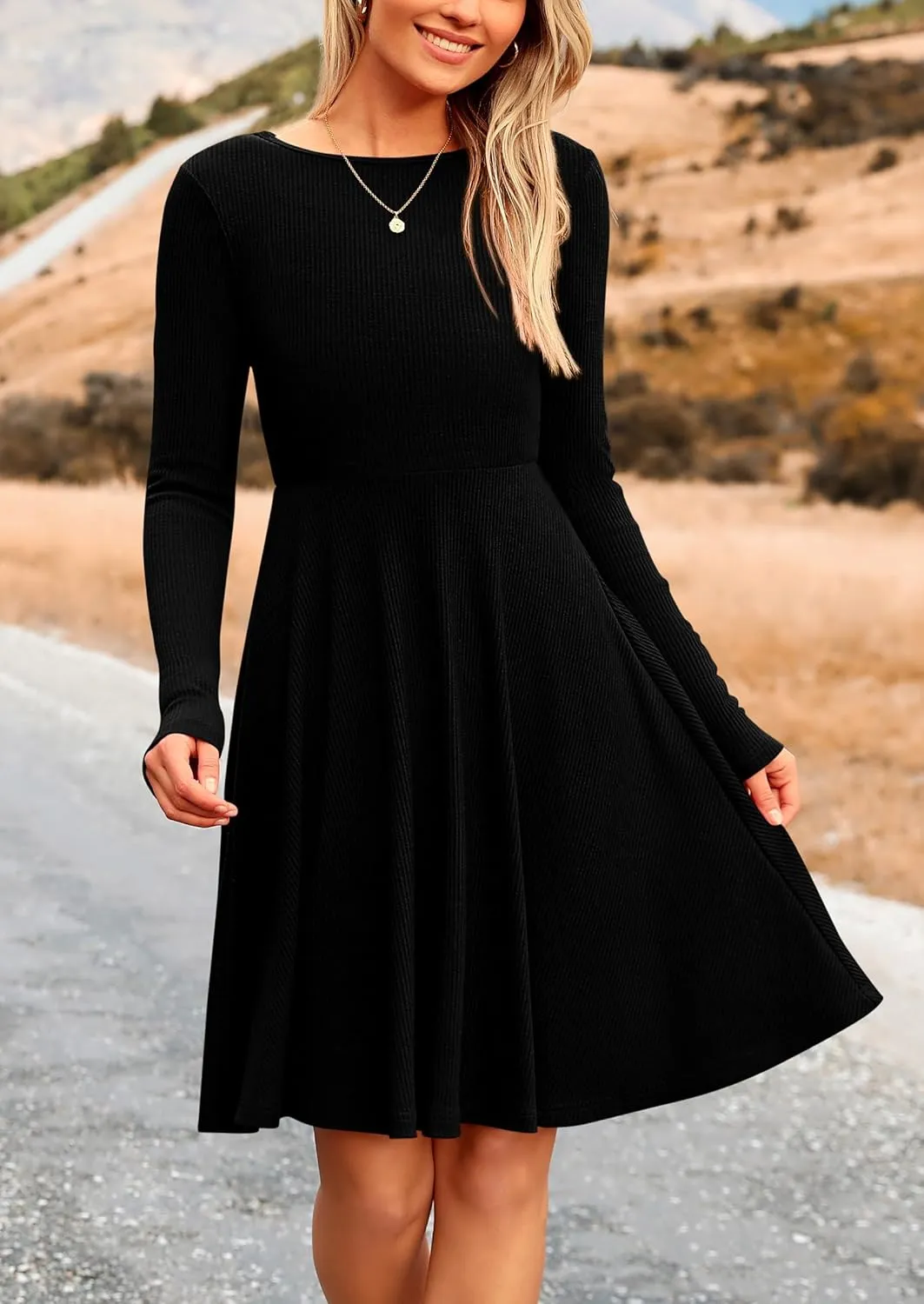 PRETTYGARDEN Women's Spring Fall Short Dress Ribbed Knit Crewneck Long Sleeve A Line Flowy Casual Elegant Going Out Dresses